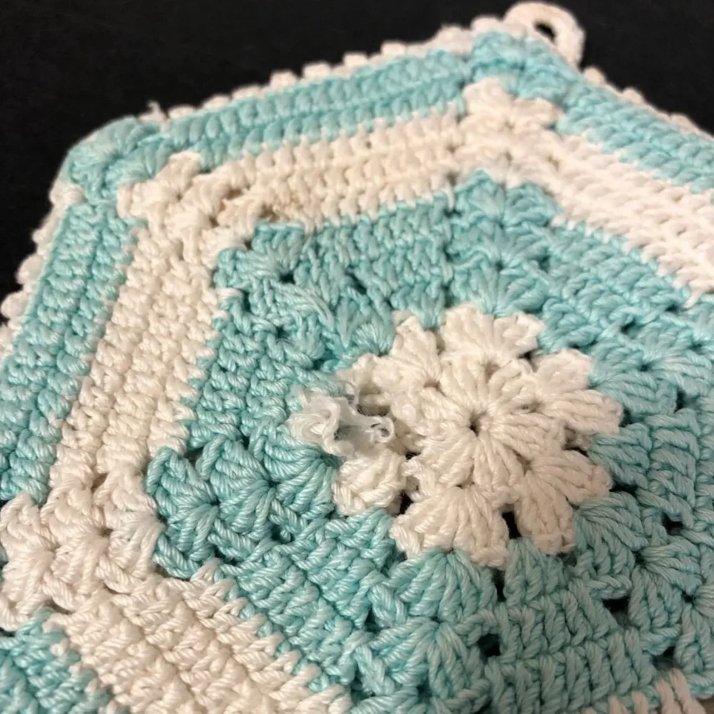 Vintage Potholders, Crocheted Pink, Aqua Blue, Red and White, Set of Four Retro